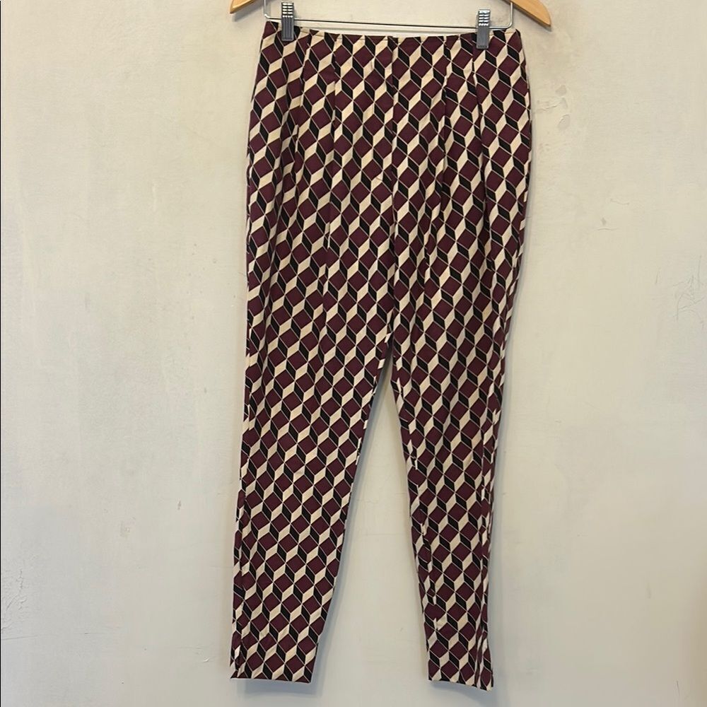 Apiece Apart Burgundy Cream Black Geometric Patterned ankle pants Size 2 EUC